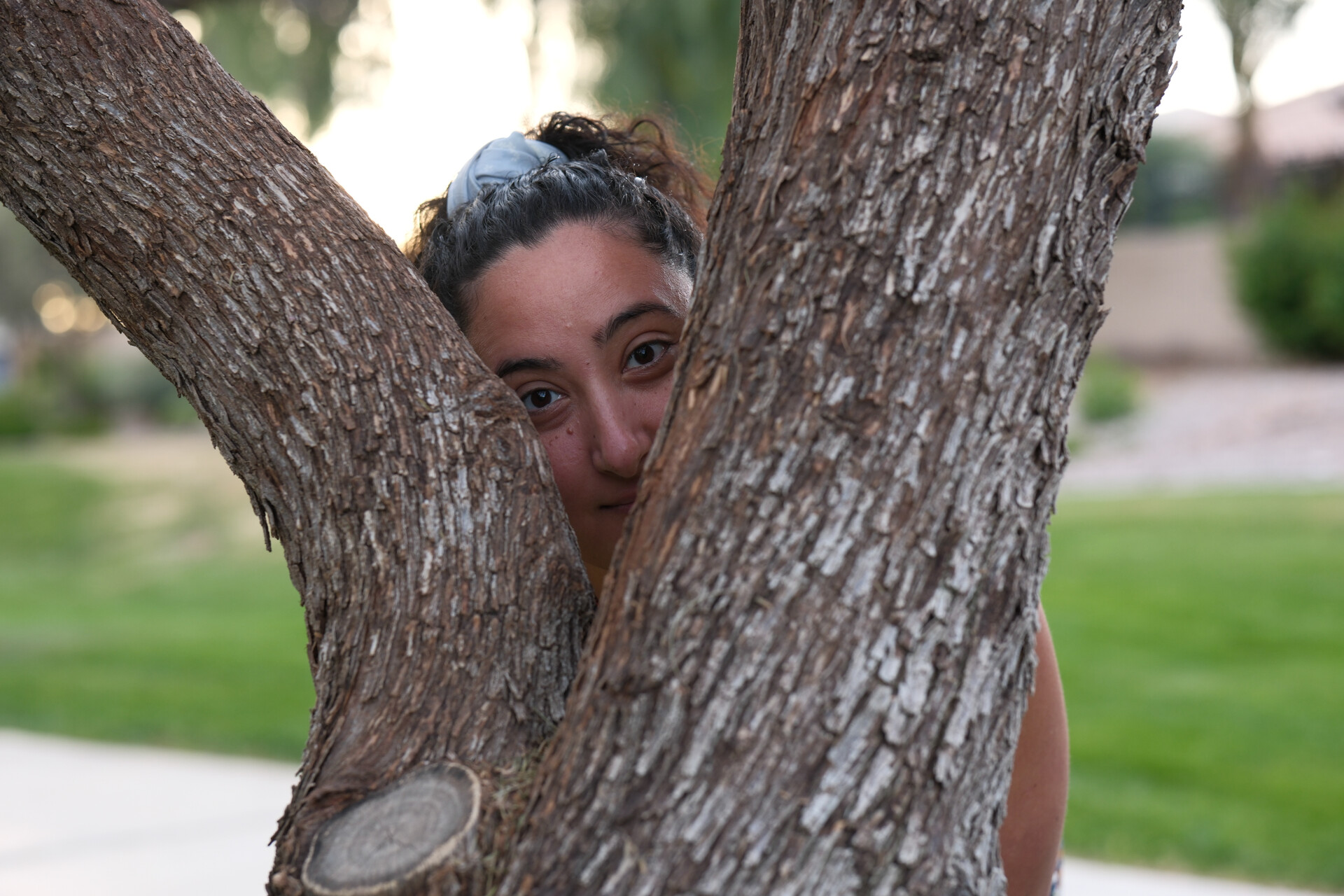 Bunkin' playfully peeking from behind a tree.