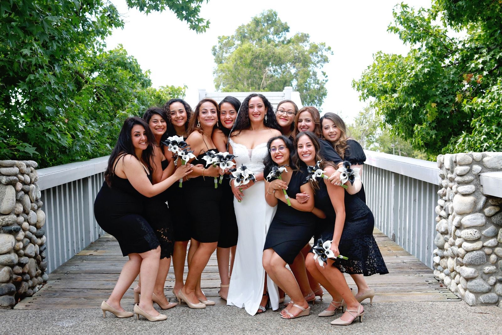 Bunkin' and her stylish bridesmaids in black and white at the pre-wedding photoshoot.