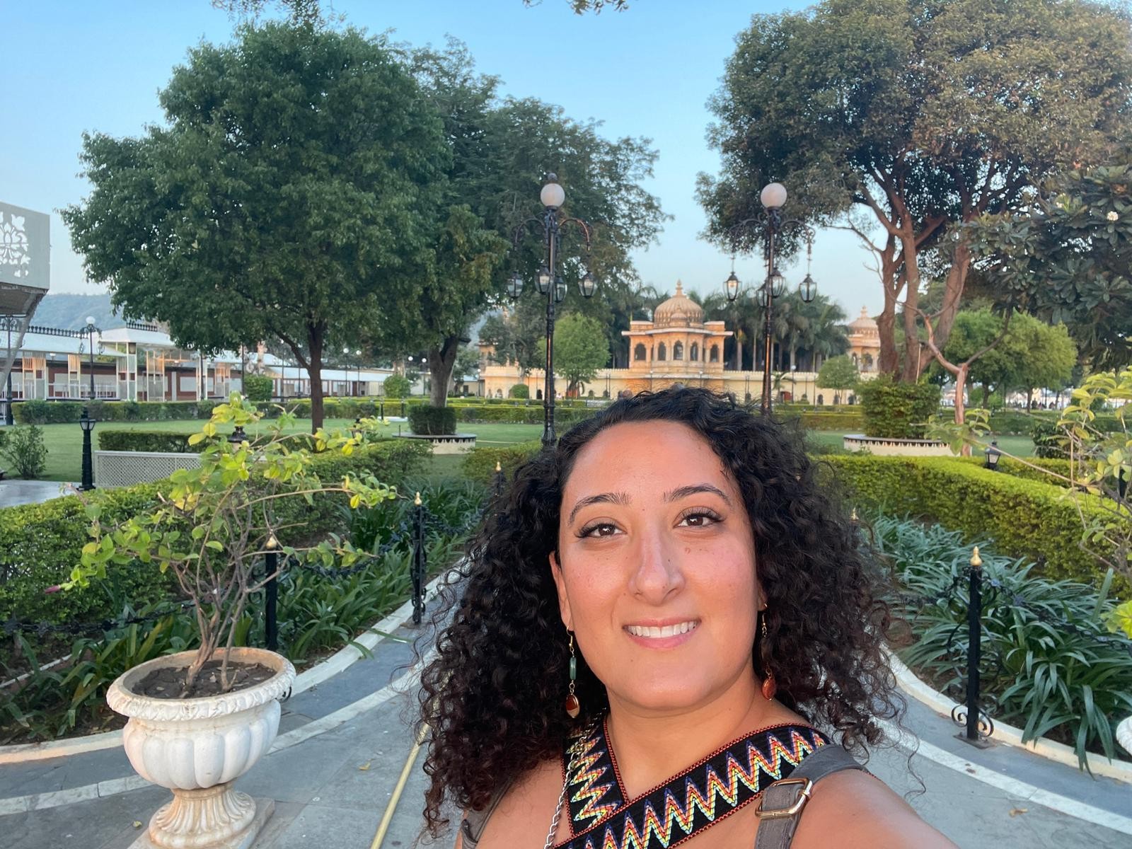 Bunkin' enjoying the serene beauty of the lush gardens of Udaipur.